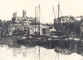 D. Deighton (19thC/20thC). Brayford, Lincoln, artist signed and titled etching, 18cm x 22.5cm.