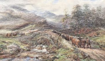 19thC/20thC British School. Driving Highland Cattle, oil on canvas, 28.5cm x 49cm.