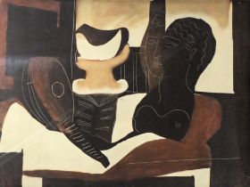 After Pablo Picasso. Nature mode a la Tete Antique, figure and musical instrument, coloured print, 3