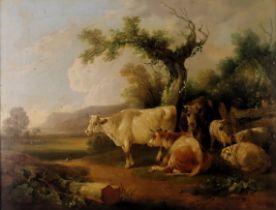 William Shayer (1829-1885). Cattle and sheep in landscape, oil on canvas, 34cm x 44.5cm. Written lab