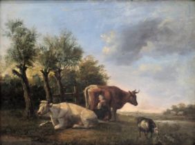 Dutch School (Early 19thC). A woodland landscape with cows and a milkmaid and a goat eating a cabbag