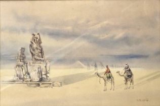 M. Preston (19thC/20thC). Desert scene with camels and Sphinx, watercolour, signed, 20cm x 30cm.
