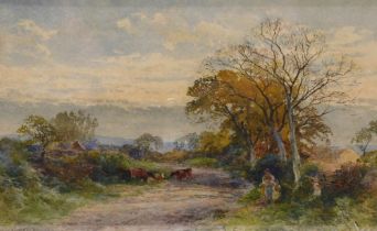 James Stephen Gresley (1829-1908). Country track with figures and cattle, watercolour, signed and da