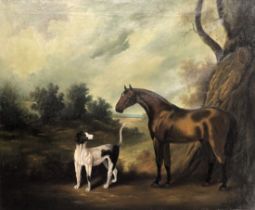 19thC School. Chestnut horse and pointer in foreground of country landscape, oil on relined canvas,