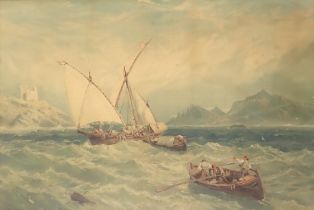 19thC School. Sailing and rowing boats off the coast, oak framed coloured print, 46cm x 68.5cm.