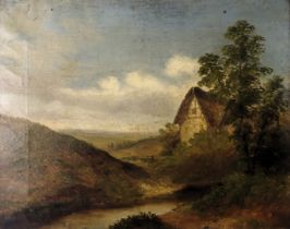 19thC British School. Cottage in river landscape, oil on canvas, 39.5cm x 50cm.