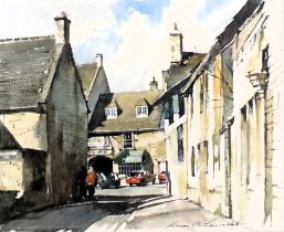 Brian Lancaster (b.1931-2005). High Street Awnings from Church Lane Burford, watercolour, signed and
