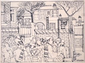 John Hopkinson (b.1941). Spurs - bus stop, ink, signed, 23cm x 30.5cm.