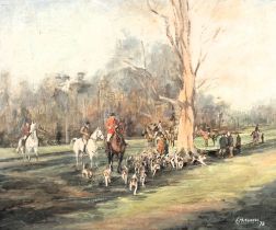 E. Mitchell (20thC). Hunting scene, Tostock Village, Suffolk, oil on board, signed and dated (19)78