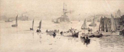 William Lionel Wyllie (1851-1931). North Shields, artist signed etching, 18cm x 38cm.