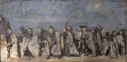 Steve AFiF (b.1943). Figures, oil on board, signed verso, 56cm x 114cm.