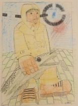 John Hopkinson (b.1941). Fish dock worker, pastel drawing, signed and titled, 75cm x 56cm and other.