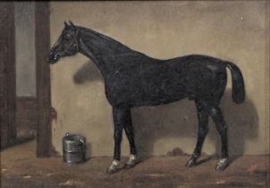 20thC School. Black horse interior scene, oil on board, monogrammed, 12cm x 17cm.