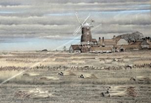 Annette Hankin (20thC). Cley Windmill, Cley next the sea, watercolour, pastel, signed, dated (19)88,