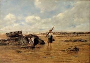 J. Young (19thC/20thC). Low tide, oil on board, signed, titled and dated 1901, 24cm x 34cm.