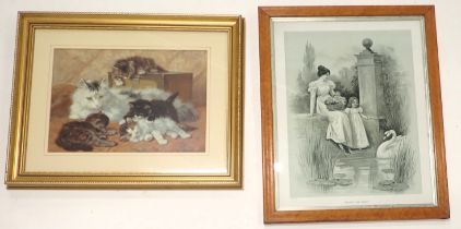 19thC. Print, Feeding the Swans, label verso John H. Berry Picture framer, Bourne, and another, cats
