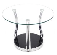 A late 20thC chrome and glass topped coffee table, raised on three double tubular supports over a bl