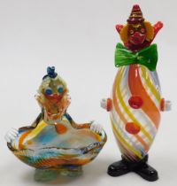 A Murano glass figure of a clown, multicoloured, 34cm high, together with a clown dish, 21cm wide.