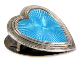 An early 20thC silver and turquoise guilloche enamel heart shaped paper clip, monogram engraved, imp