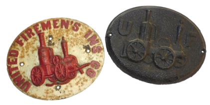 Two cast iron oval property marks for United Fireman's Insurance Company, both with raised fire engi