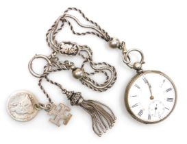 A late 19thC lady's pocket watch, open faced, key wind, circular enamel dial bearing Roman and Arabi