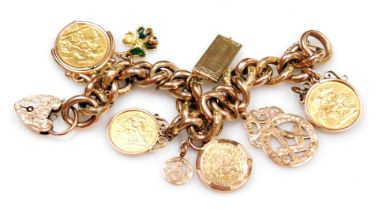 An engraved curb link bracelet, rose metal, on a 9ct gold padlock clasp, and seven pendants or charm