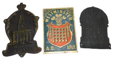 Three fire marks for Westminster (2) and Royal Exchange, all tin, including Westminster (Addis Ref 5