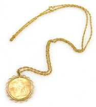 A George V gold full sovereign 1913, in a 9ct gold pendant mount, on a neck chain with bolt ring cla