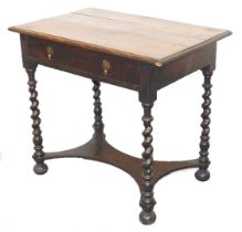 An 18thC oak side table, with a single frieze drawer, raised on barley twist supports, united by a X