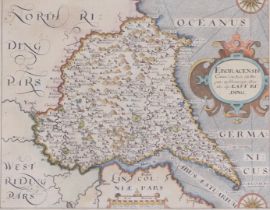 After Christopher Saxton. A 17thC coloured engraved map of the East Riding of Yorkshire, 21.5cm x 26