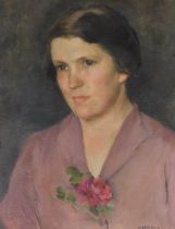 G. Hindle (British, 20thC). Half length portrait of a lady with a rose, oil on canvas, signed, dated