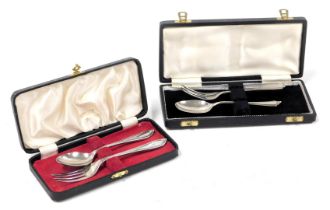 An Elizabeth II silver fork and spoon set, cased, Sheffield 1963, and a further fork and spoon set,