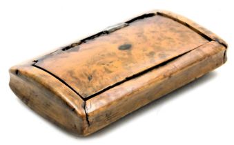 A 19thC burr walnut snuff box, with a hinged lid, opening to reveal a label "This box was presented