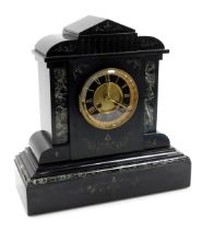 A Victorian slate and marble mantel clock, circular brass dial with black chapter ring bearing Roman