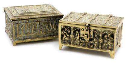 An early 20thC Continental brass casket, with a lined wooden interior, embossed with panels of renai