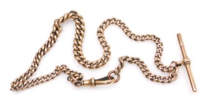 A 9ct rose gold curb link Albert chain, on a lobster claw clasp, with T bar as fitted, 27.8g.