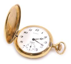 A Summit gold plated hunter pocket watch, circular enamel dial bearing Arabic numerals, key less win