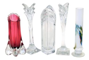 A Mikasa Art Deco style tulip vase, 29cm high, a pair of matching candlesticks, 30.5cm high, Jeffrey