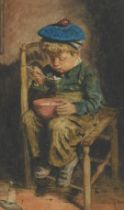 Dutch School (late 19thC). Boy seated on a chair eating a bowl of soup, watercolour, 33.5cm x 21cm.