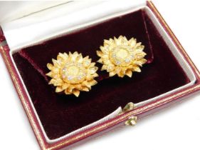 A pair of Asprey diamond set flower head earrings, yellow metal stamped 18k, boxed, 20.2g.