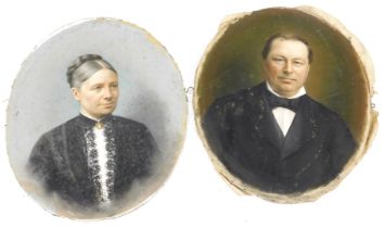 French School (19thC). Portraits of a gentleman and lady, half length, pastel, signed indistinctly