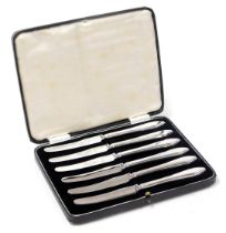 A set of six Elizabeth II silver handled cake knives, cased, Viners Limited, Sheffield 1965.