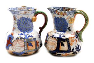 A near pair of 19thC Mason's Ironstone hydra jugs, chinoiserie decorated with an exotic garden, patt