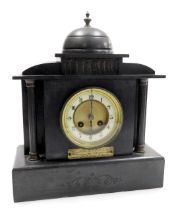 A 19thC French slate mantel clock, the circular brass dial with enamel chapter ring bearing Arabic n