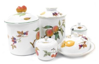 A group of Royal Worcester Evesham pattern oven to table wares, comprising two storage jars and cove