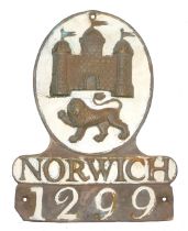 A fire mark for Norwich General, lead, (Addis Ref 28A), policy number 1299.