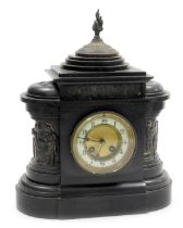 A 19thC French slate mantel clock, the brass dial with enamel chapter ring bearing Arabic numerals,