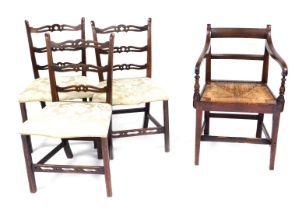 Three Georgian mahogany ladder back dining chairs, with overstuffed serpentine seats in gold damask