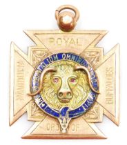 A 9ct rose gold and enamel Royal Antediluvian Order of Buffaloes jewel, presented to, and The Night