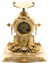 A late 19thC French alabaster and ormolu mantel clock, circular dial bearing Roman numerals, eight d